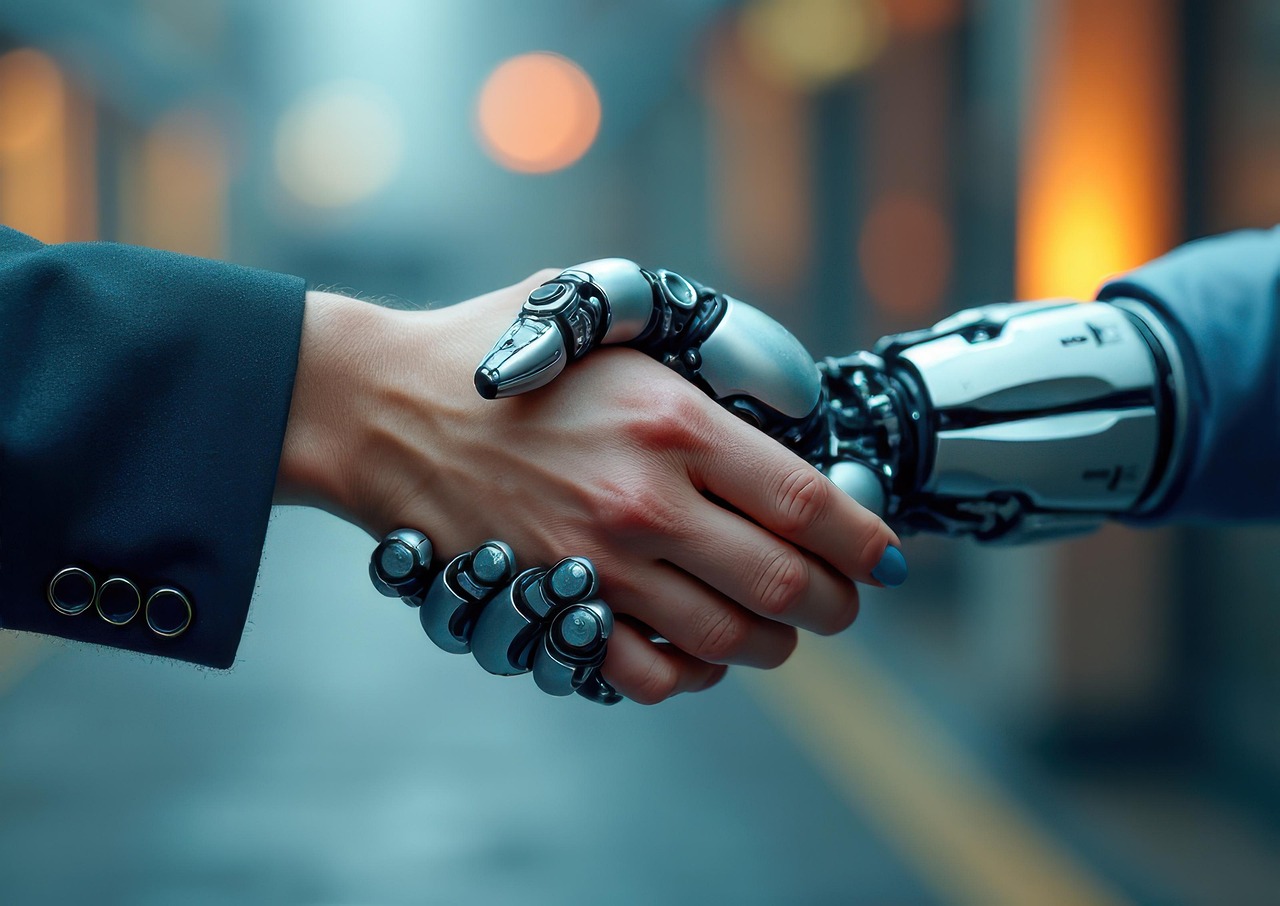 robot, handshake, technology, future, humanoid, metallic, human, robotics, artificial intelligence, collaboration, machine, metallic hands, futuristic, engineering, innovation, interaction, biomechanical, robotic arm, industry, mechanical, partnership, cyborg, advanced technology, robotic design, ai generated